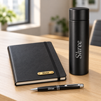 Personalised Shree diary bottle and pen arranged on an office desk