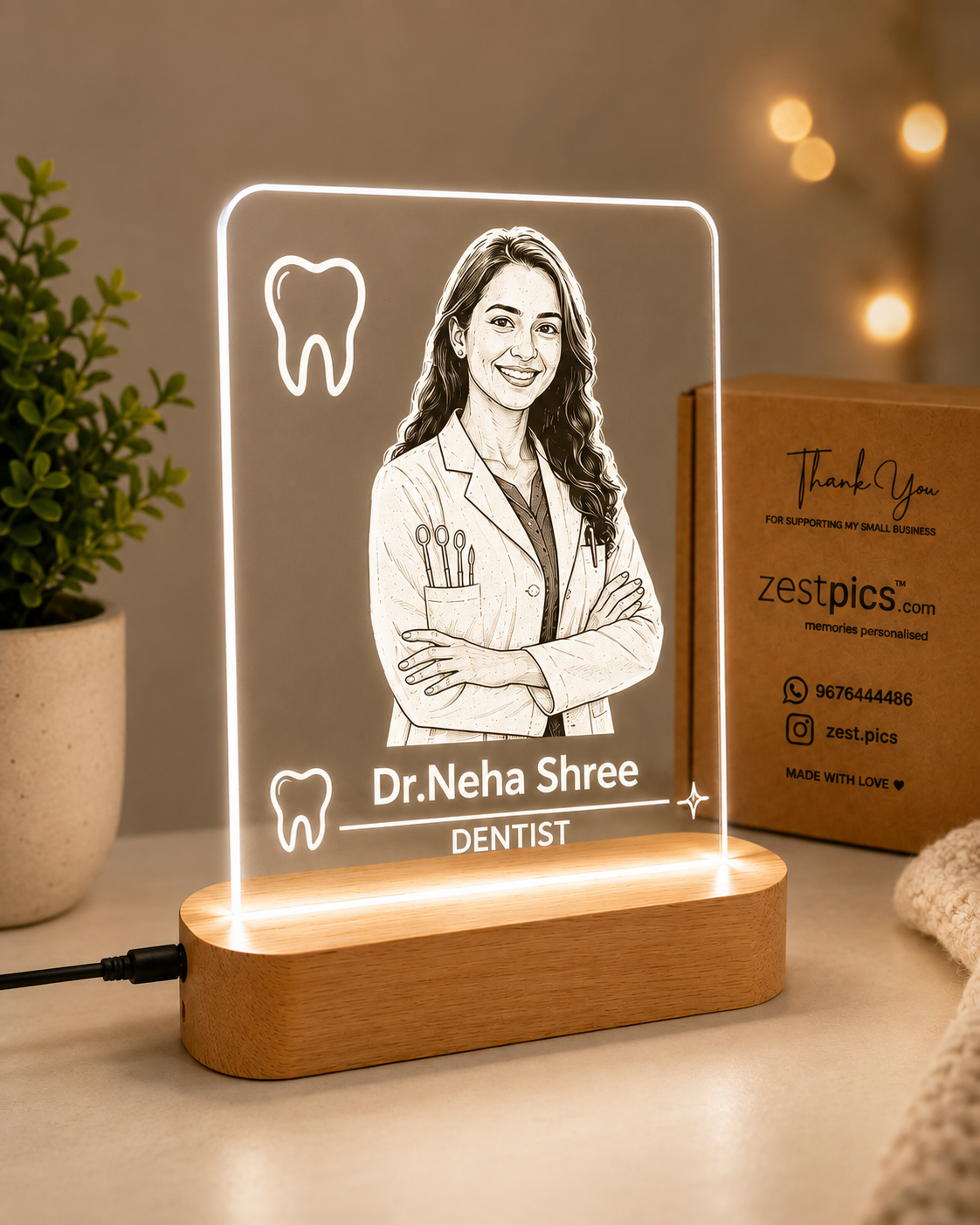 Personalised LED acrylic portrait lamp for dentist
