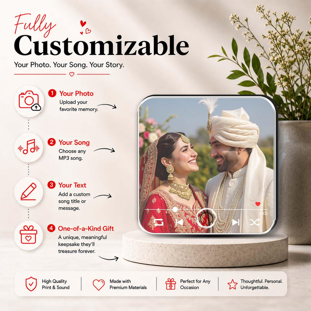 Fully customisable personalised music photo magnet with your photo song and personal message