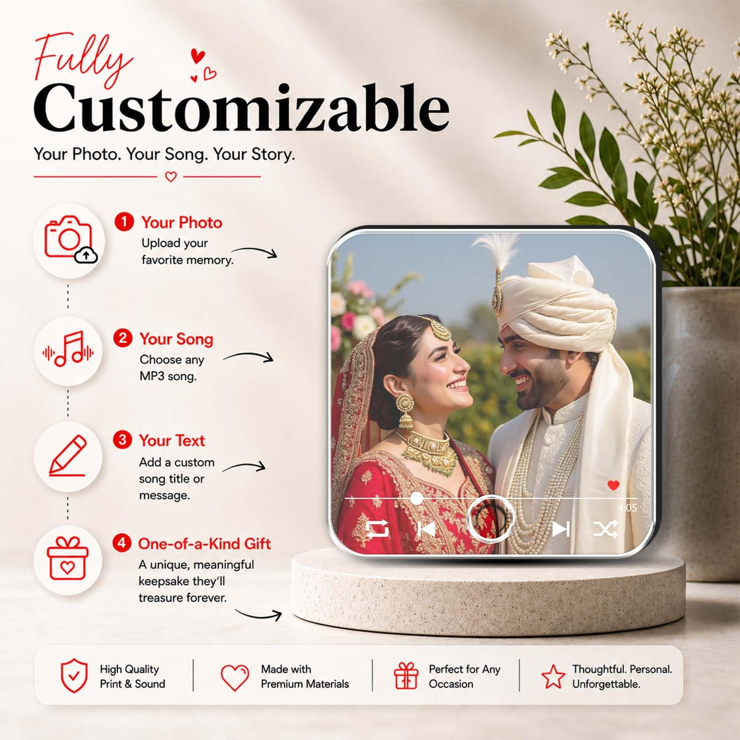 Fully customisable personalised music photo magnet with your photo song and personal message