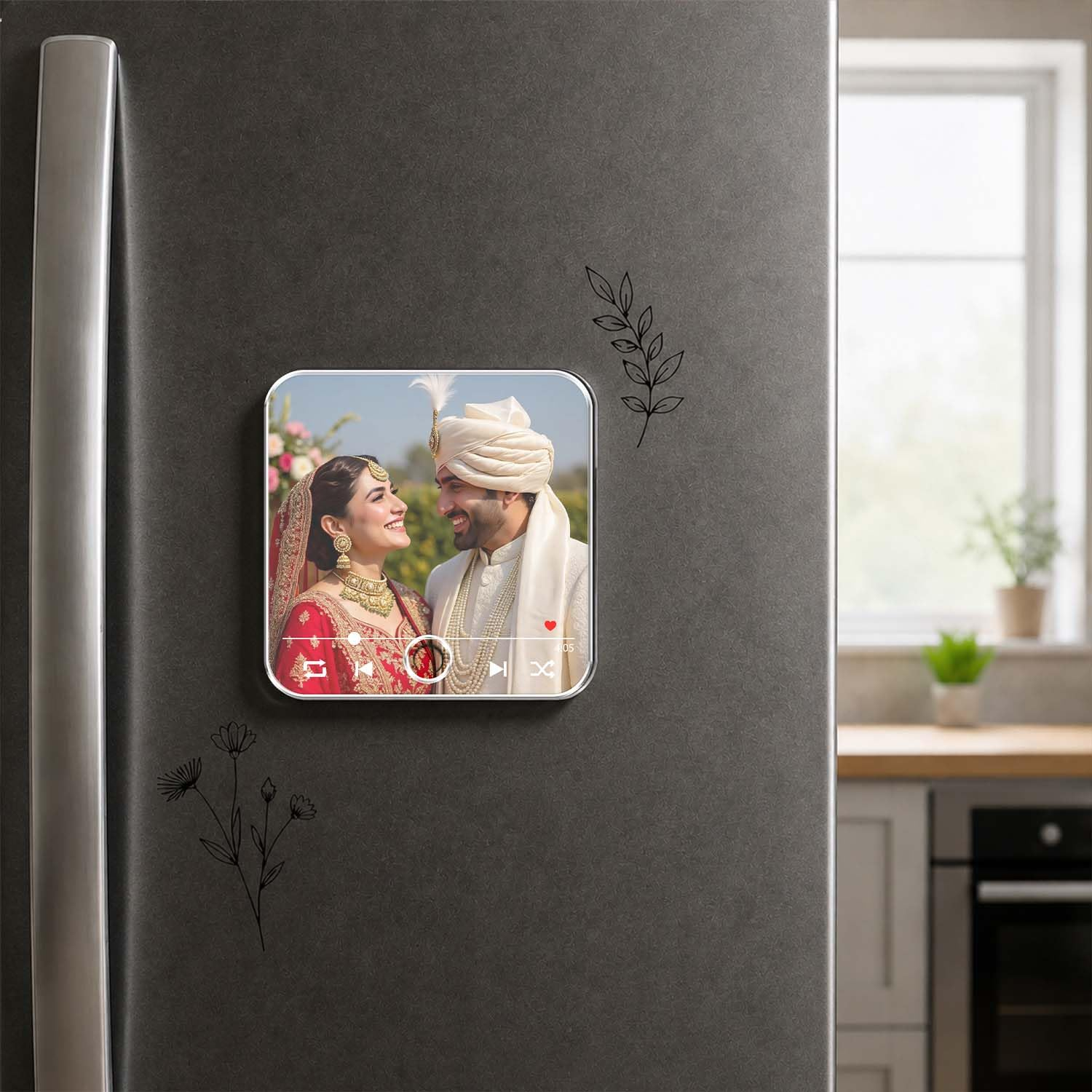 Personalised music photo magnet on refrigerator as a romantic home keepsake
