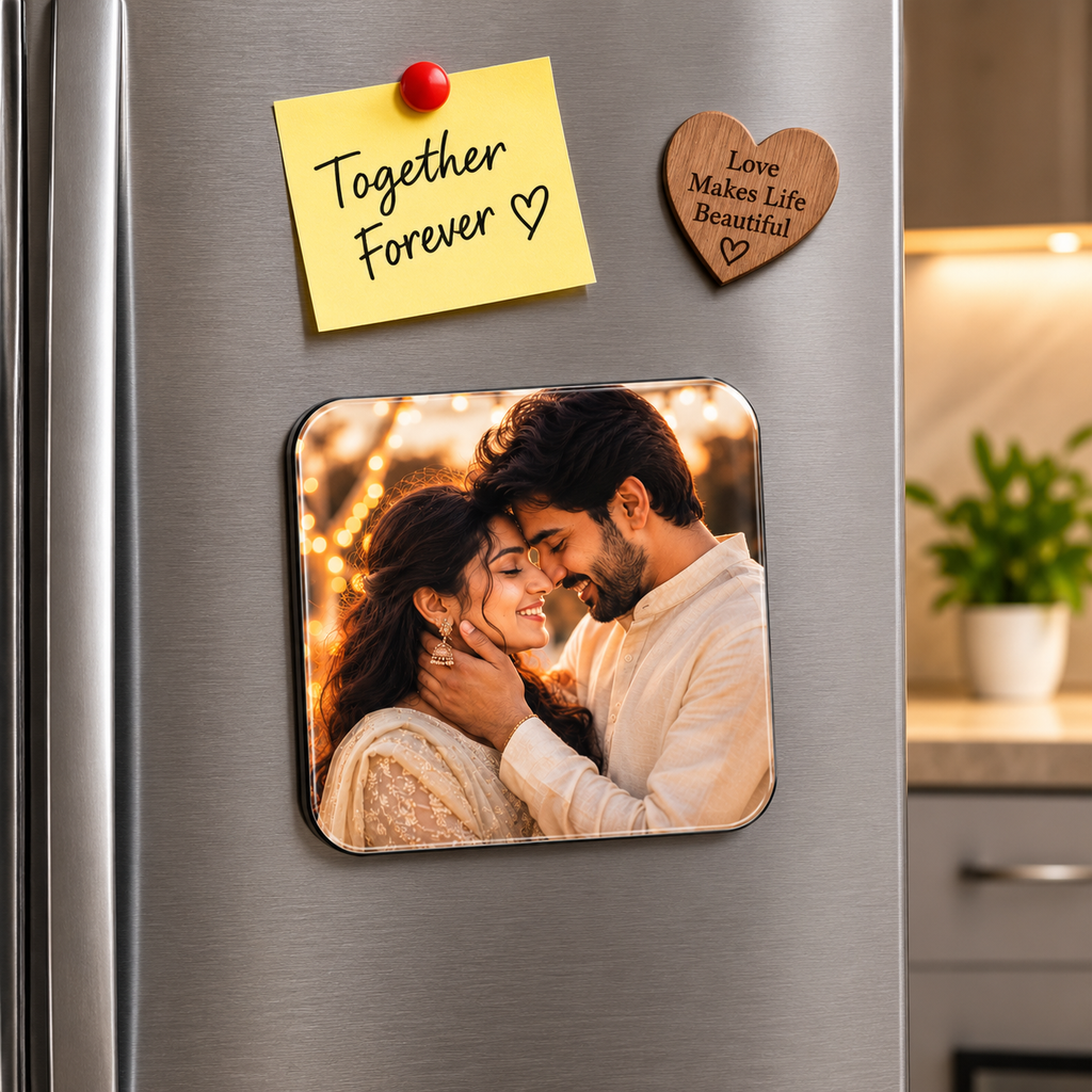 Personalised music photo magnet on refrigerator with romantic couple photo gift