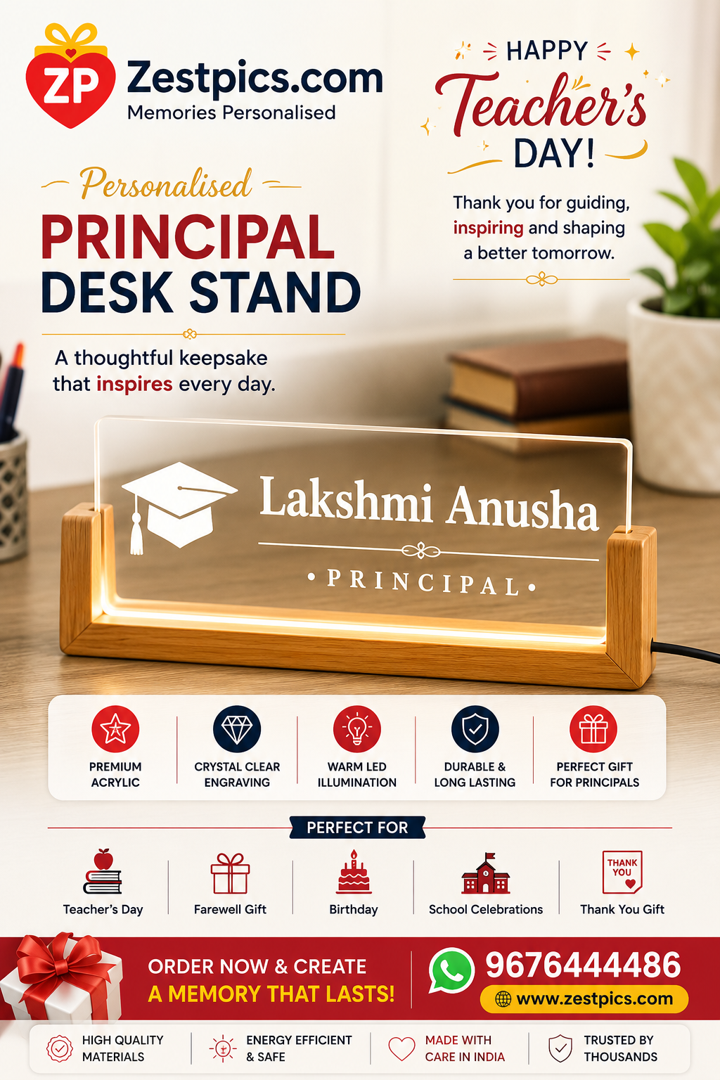 Personalised Principal Desk Stand Teacher's Day gift with acrylic plaque
