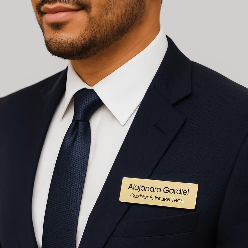 Personalised Metal Name Brooch – Engraved Rectangle in Silver & Gold Finish | Custom Name Badge