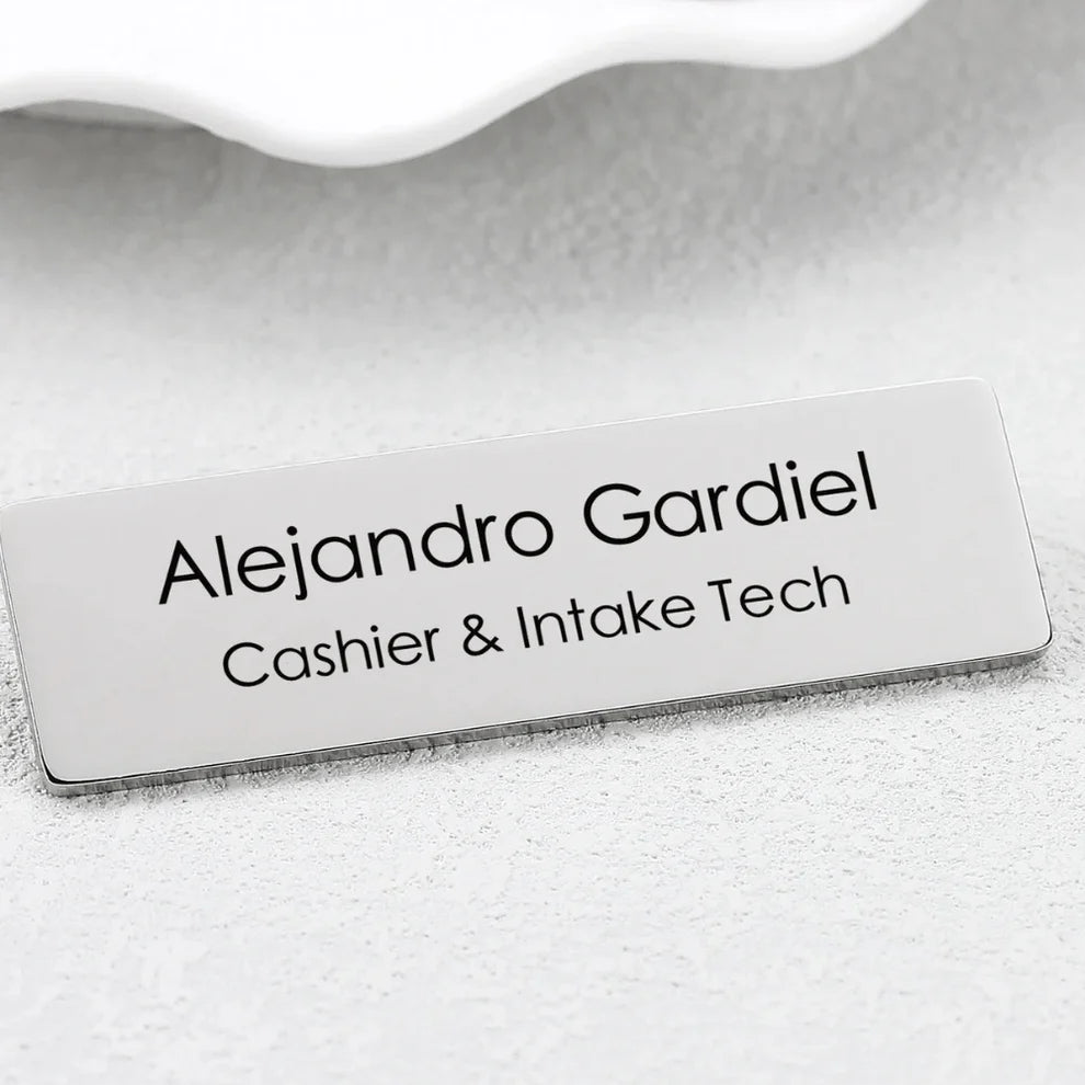 Personalised Metal Name Brooch – Engraved Rectangle in Silver & Gold Finish | Custom Name Badge