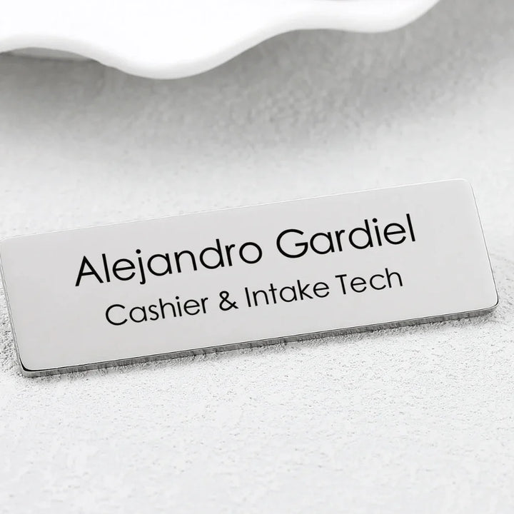 Personalised Metal Name Brooch – Engraved Rectangle in Silver & Gold Finish | Custom Name Badge