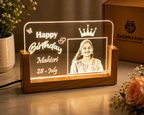 Personalized acrylic LED birthday photo lamp with Mahisri name, birthday message, photo and crown design
