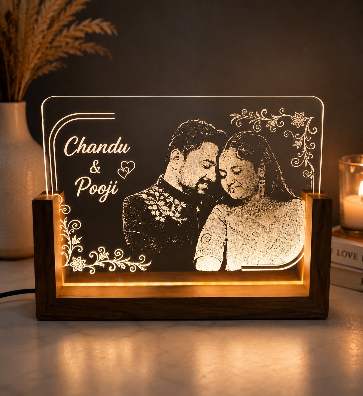 Personalized acrylic LED photo lamp with engraved couple portrait, names and floral design