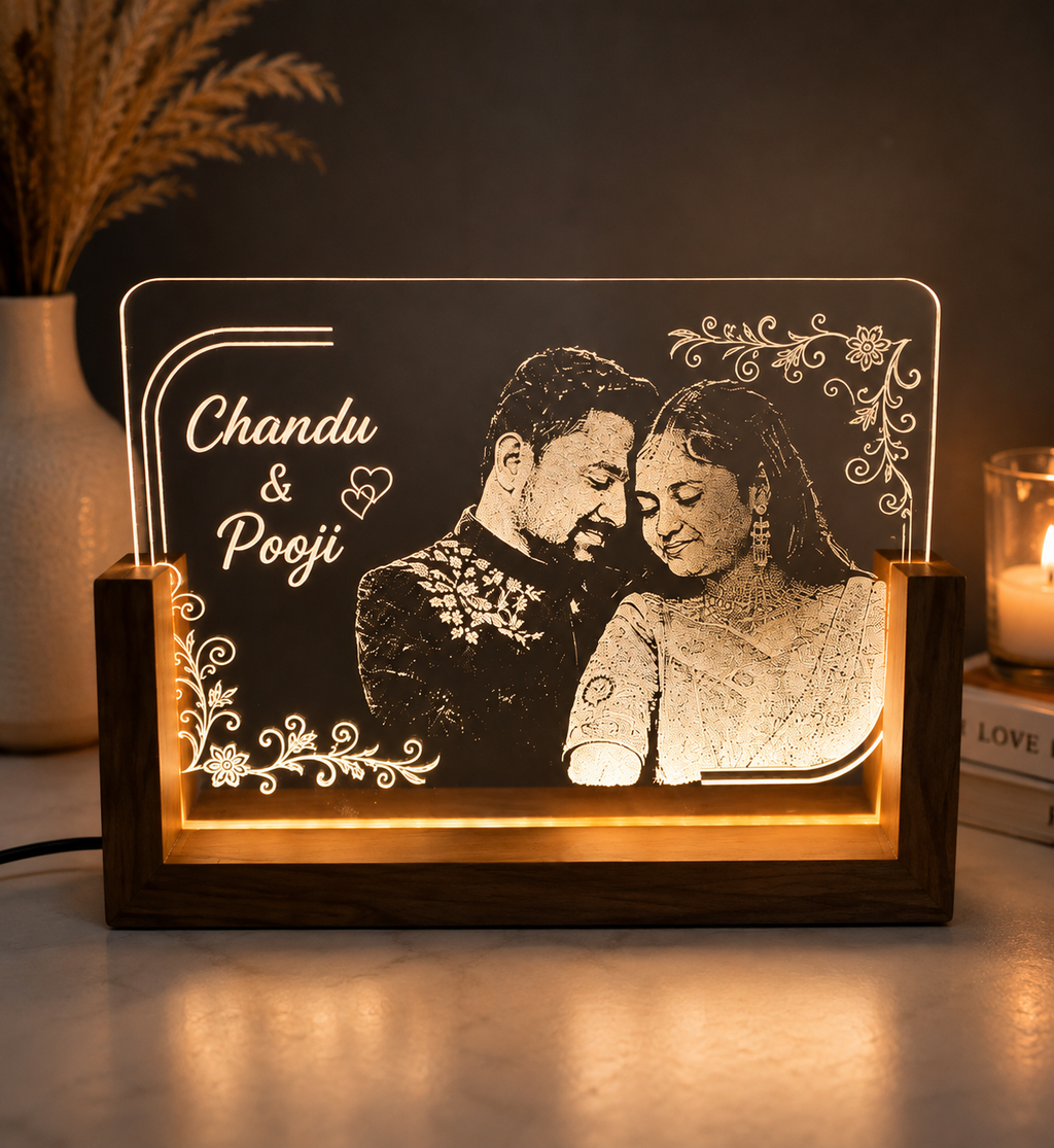 Personalized acrylic LED photo lamp with couple photo, names, heart and floral engraving