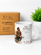 Personalised birthday photo mug with calendar and gift box by Zestpics.com