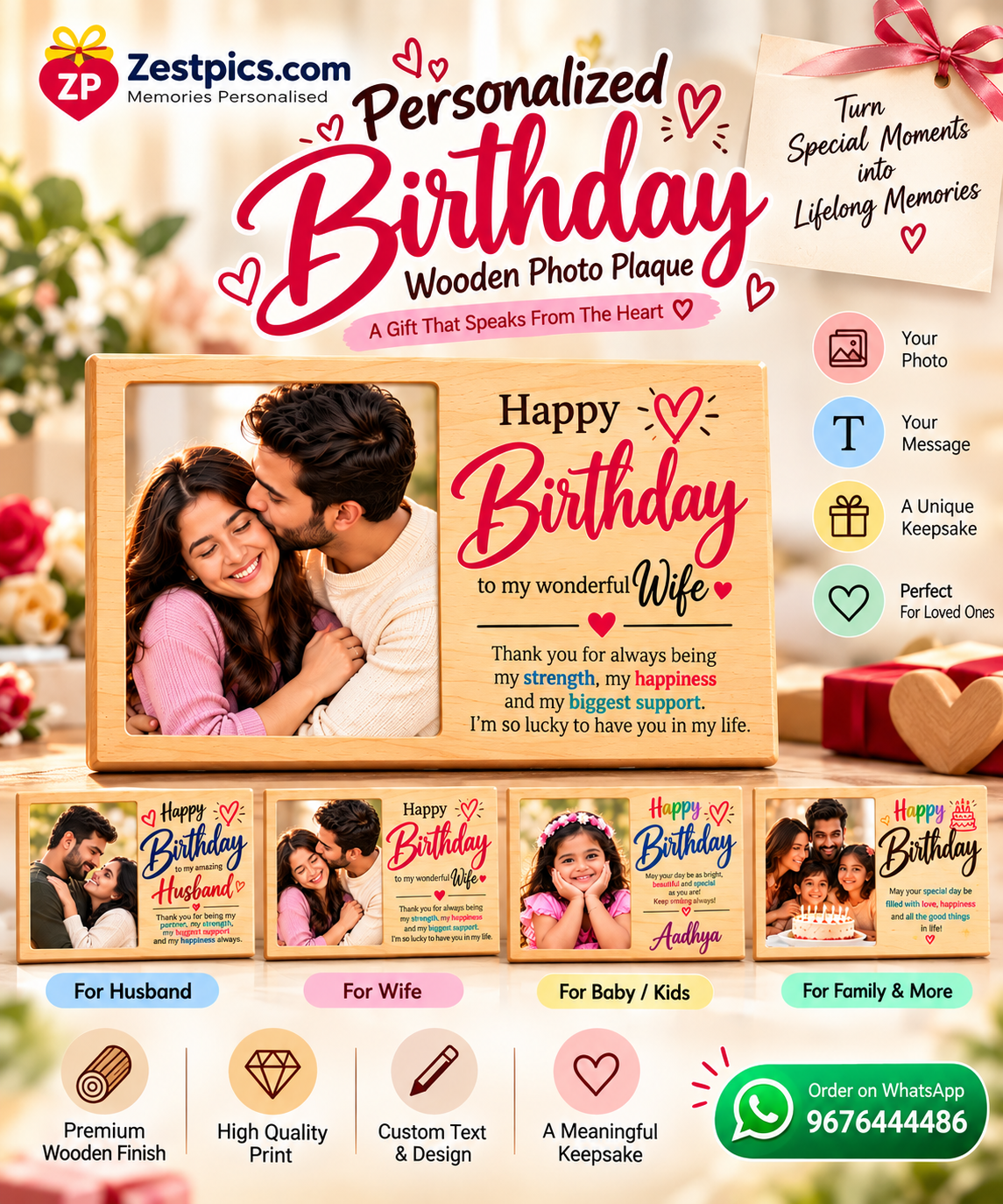 Personalized birthday wooden photo plaque marketing poster by Zestpics.com