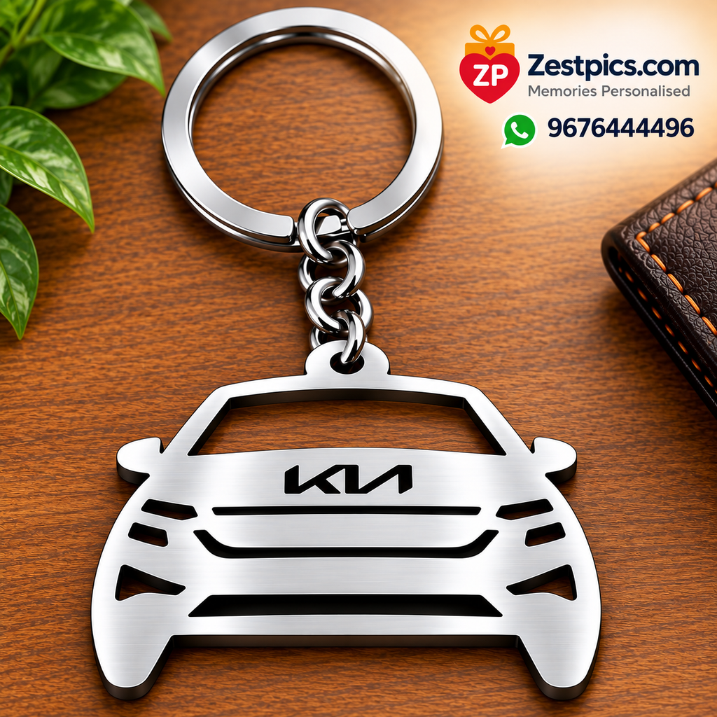 Close-up personalized stainless steel car-shaped keychain by Zestpics.com