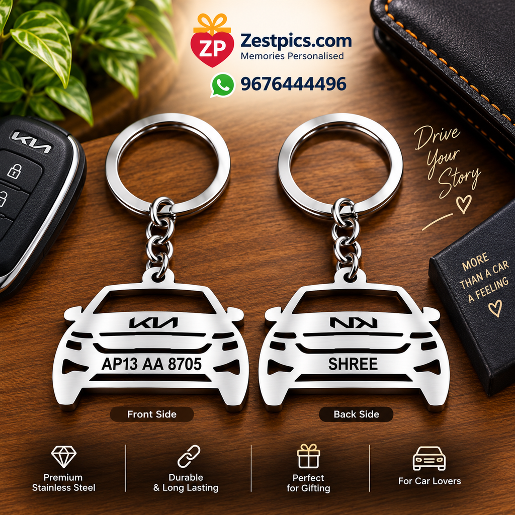 Personalized stainless steel car-shaped keychain front and back design preview by Zestpics.com