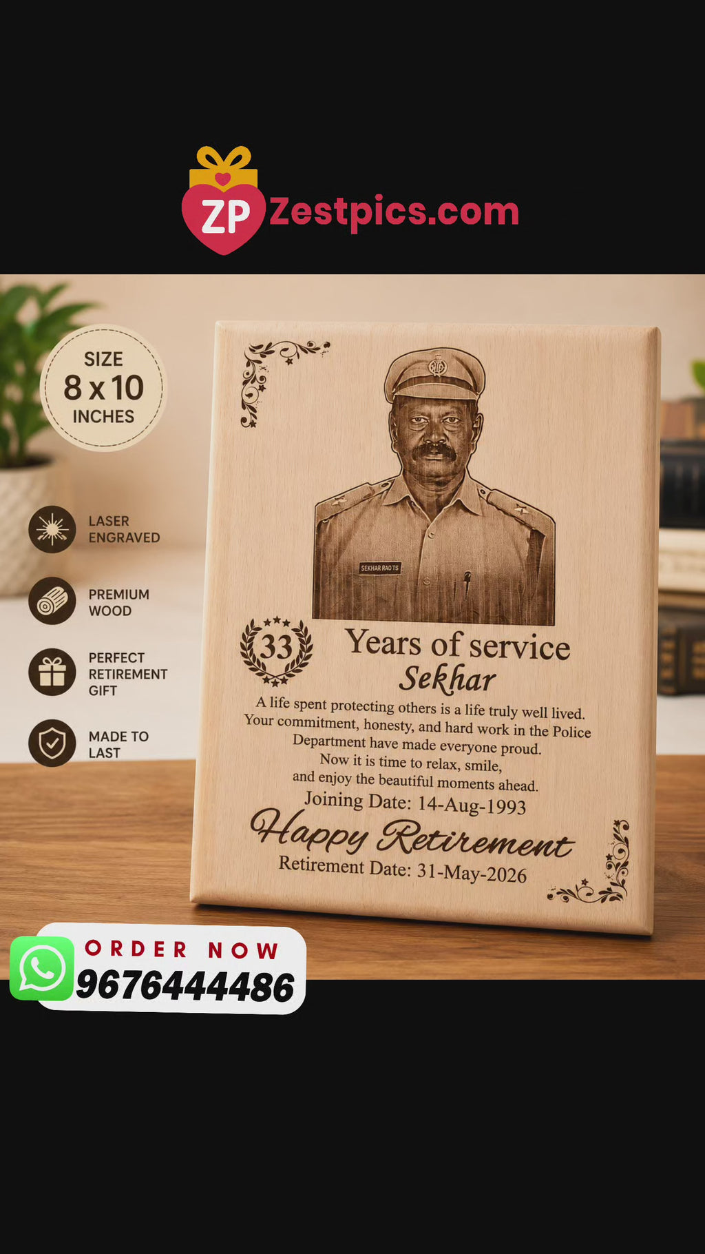 Personalized Retirement Wooden Plaque | Custom Laser Engraved Retirement Gift | 8x10 Inch Wooden Memento | Zestpics