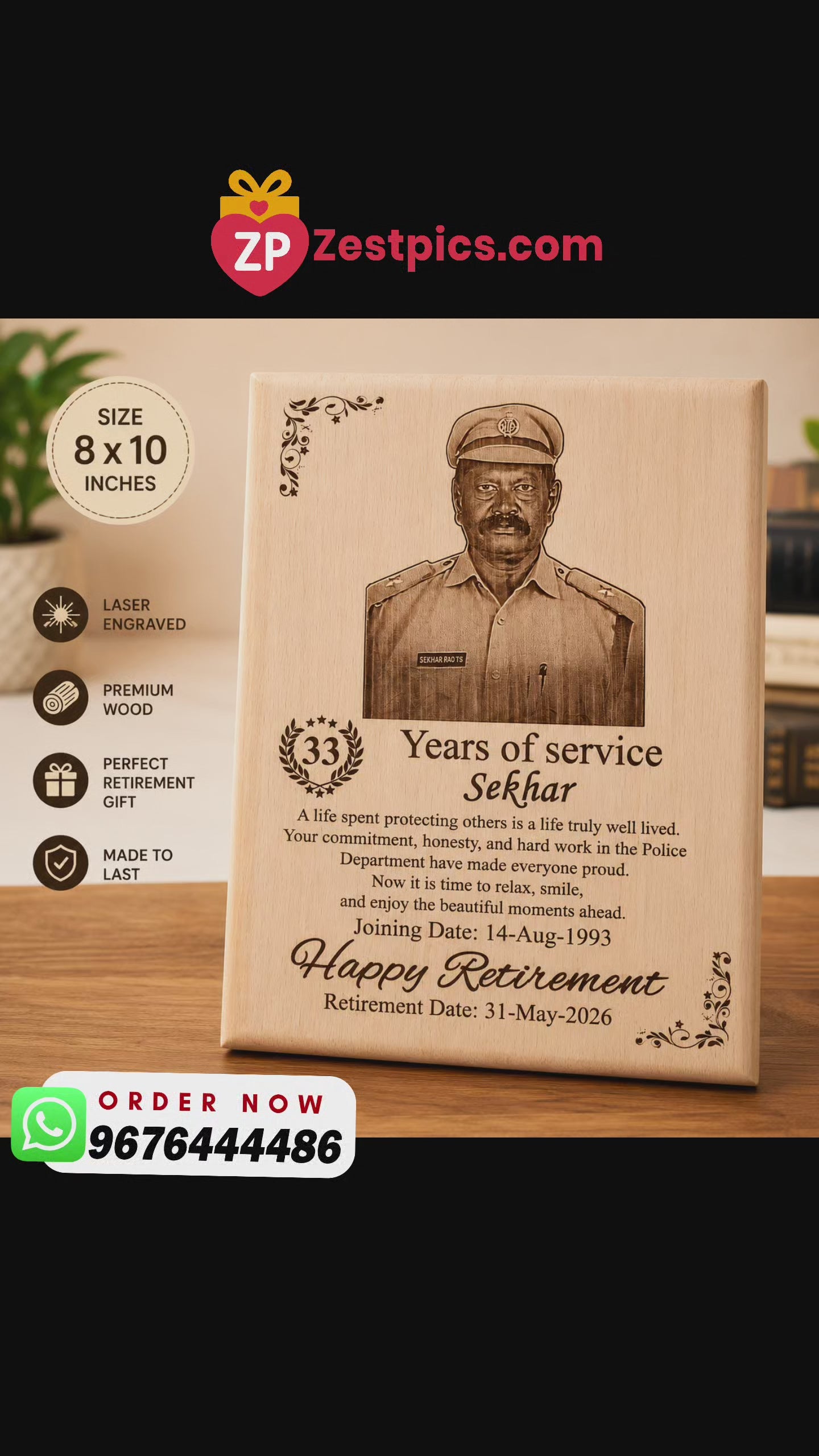 Personalized Retirement Wooden Plaque | Custom Laser Engraved Retirement Gift | 8x10 Inch Wooden Memento | Zestpics