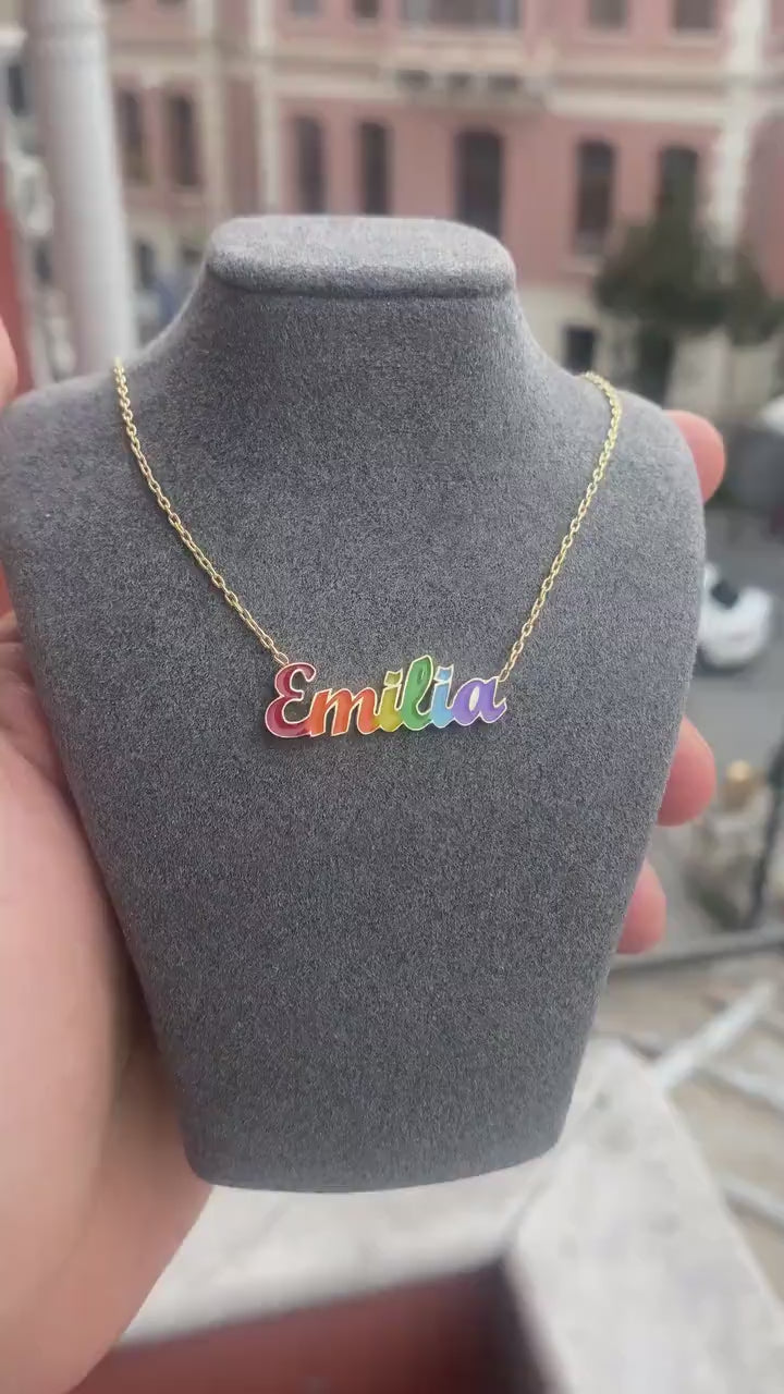 Rainbow Enamel Name Necklace - Personalized Nameplate Necklace - Gifts for Mom - Zestpics