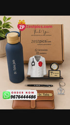 Personalized Doctor Gift Combo – Premium Water Bottle, Doctor Coat Clock Pen Stand, Eyewear Case, Pen & Doctor Keychain | Zestpics