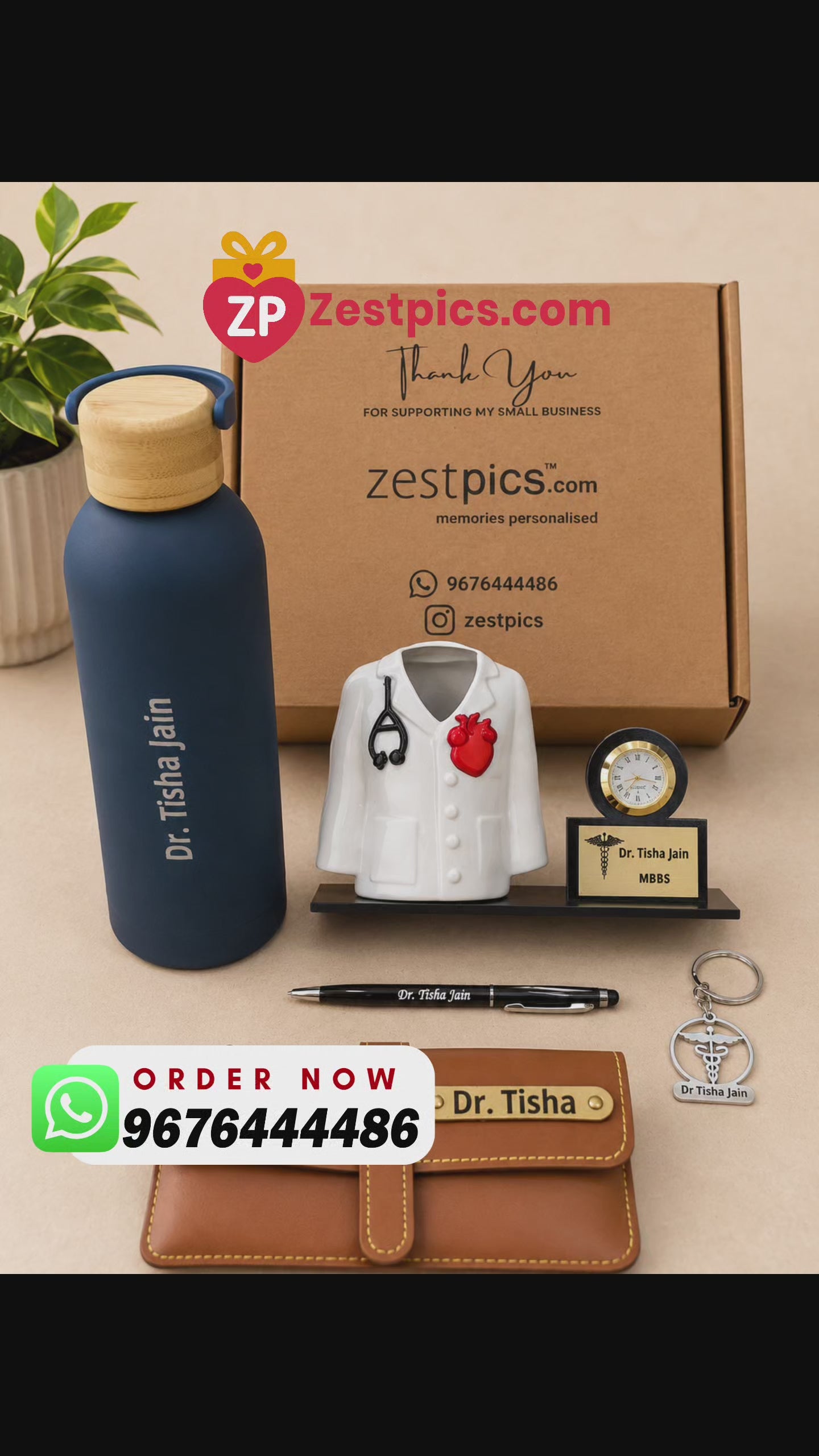 Personalized Doctor Gift Combo – Premium Water Bottle, Doctor Coat Clock Pen Stand, Eyewear Case, Pen & Doctor Keychain | Zestpics