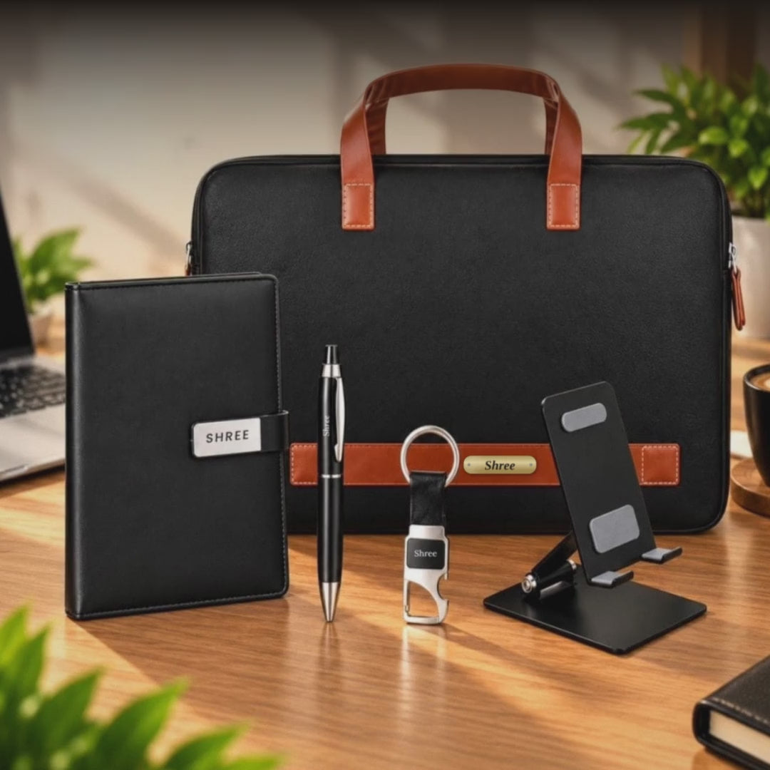 Personalised corporate gift set video: name engraved on diary, laptop bag, pen and keychain