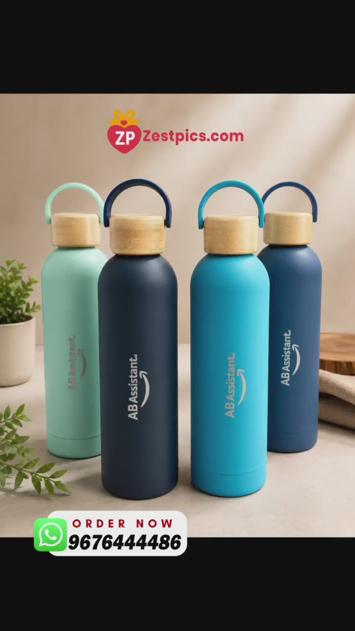 Personalized Ultra Luxurious Vacuum Insulated Steel Water Bottles with wooden lid