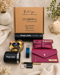 Premium personalised gift combo for women with custom name bottle mug wallet clutch | Zestpics