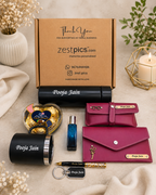 Premium personalised gift combo for women with custom name bottle mug wallet clutch | Zestpics
