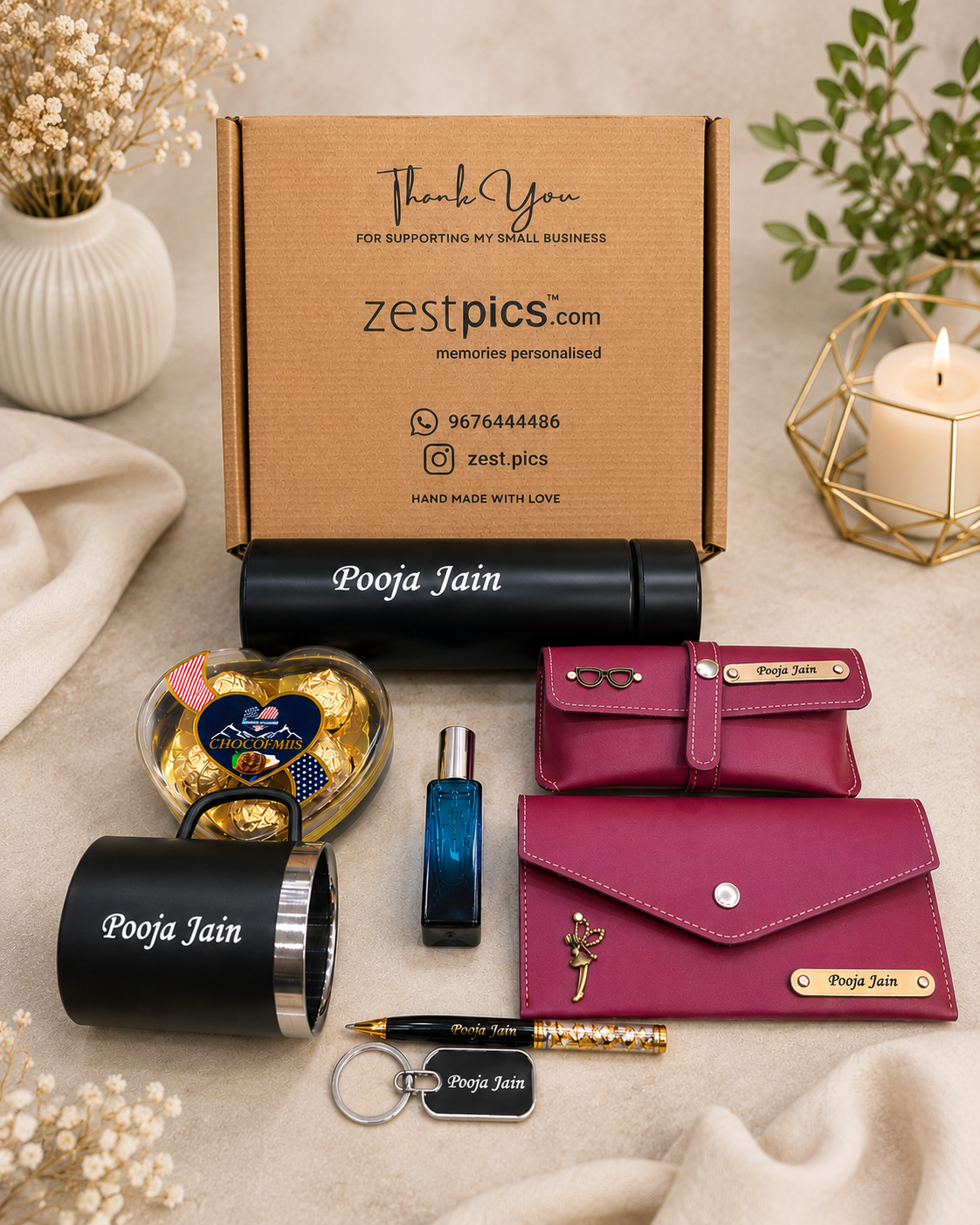 Premium personalised gift combo for women with custom name bottle mug wallet clutch | Zestpics