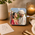 Romantic personalised music photo magnet displayed as an emotional couple gift at home