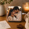 Close up of romantic personalised music photo magnet with couple picture and music player design