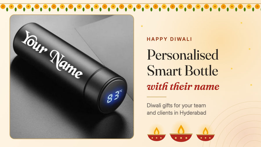 Personalised smart water bottle with temperature display, Diwali gift in Hyderabad, with diyas and marigolds