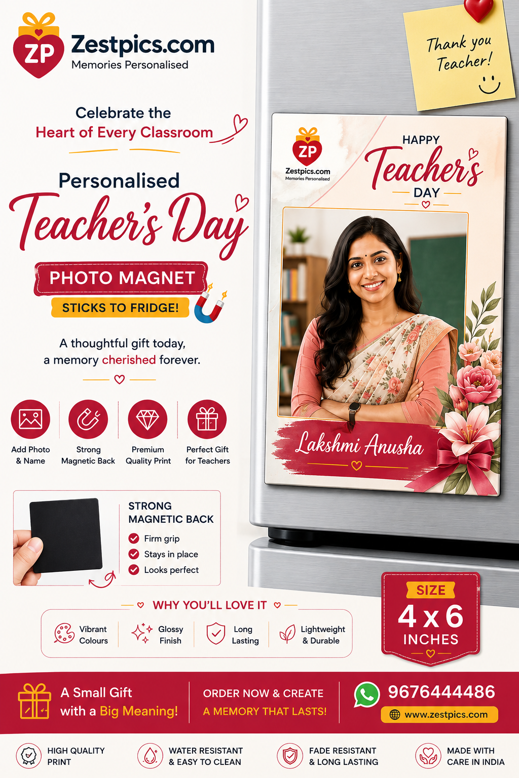 Personalised 4x6 Teacher's Day photo magnet with custom teacher photo by Zestpics