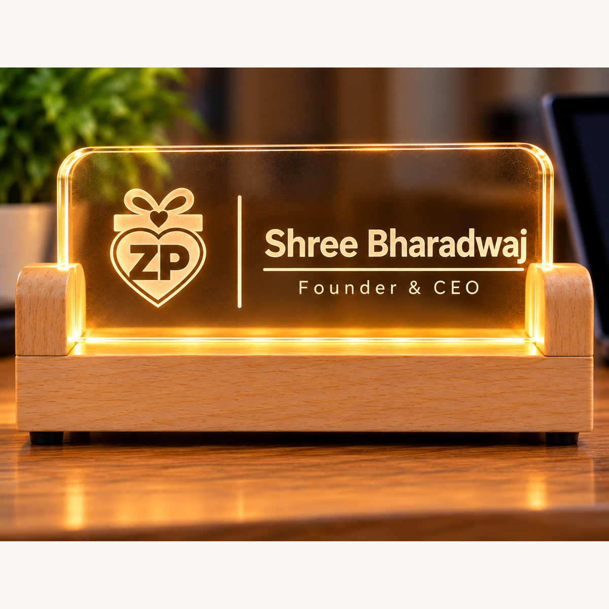 Wireless personalised LED name plate with rechargeable USB-C wooden base