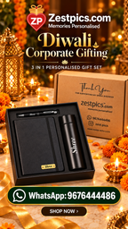 Zestpics Diwali corporate gifting creative featuring personalised diary bottle and pen set
