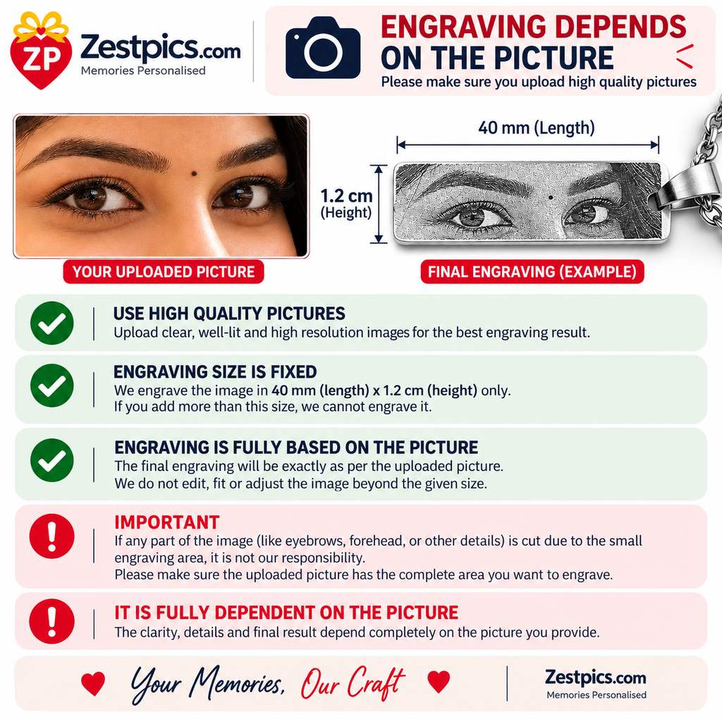 Personalized Eye Pendant engraving guide showing photo quality and fixed engraving size requirements