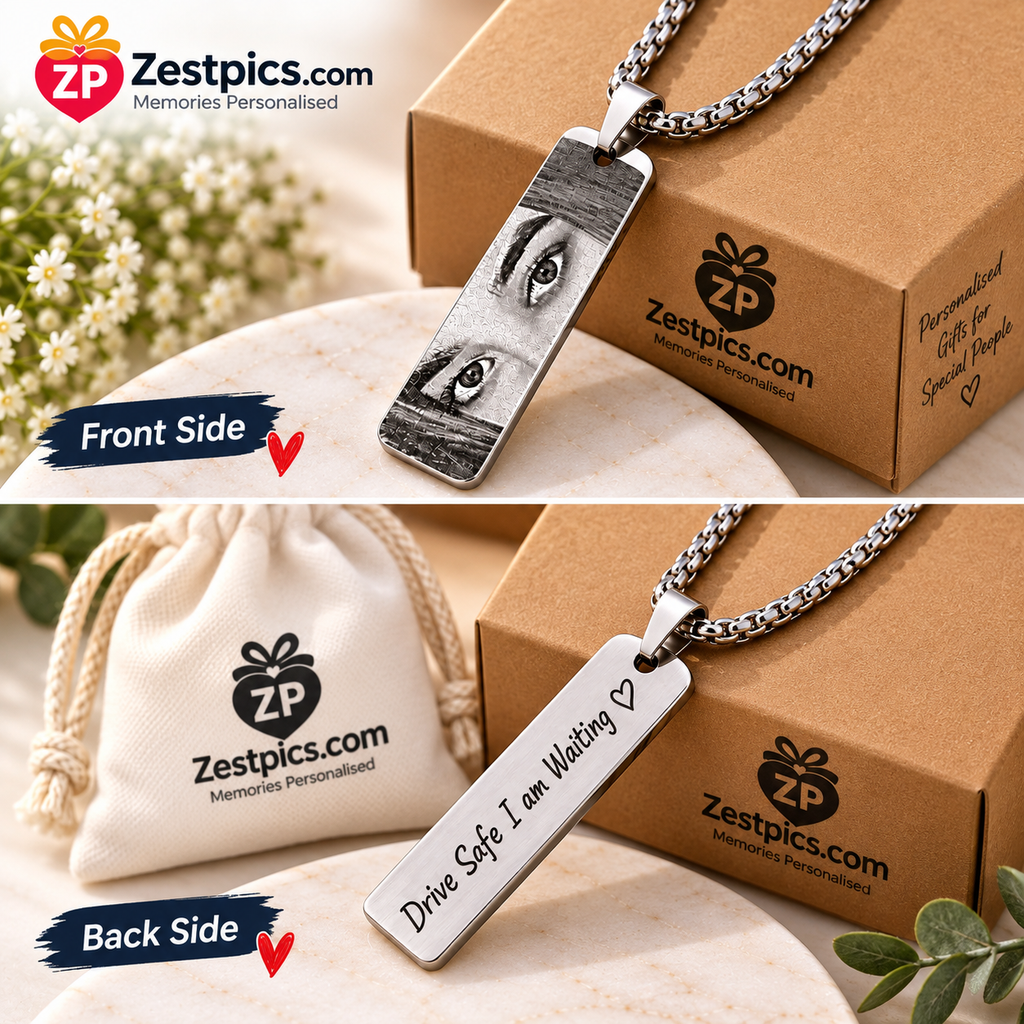 Personalized Eye Pendant front and back engraving, Zestpics packaging and cotton drawstring bag