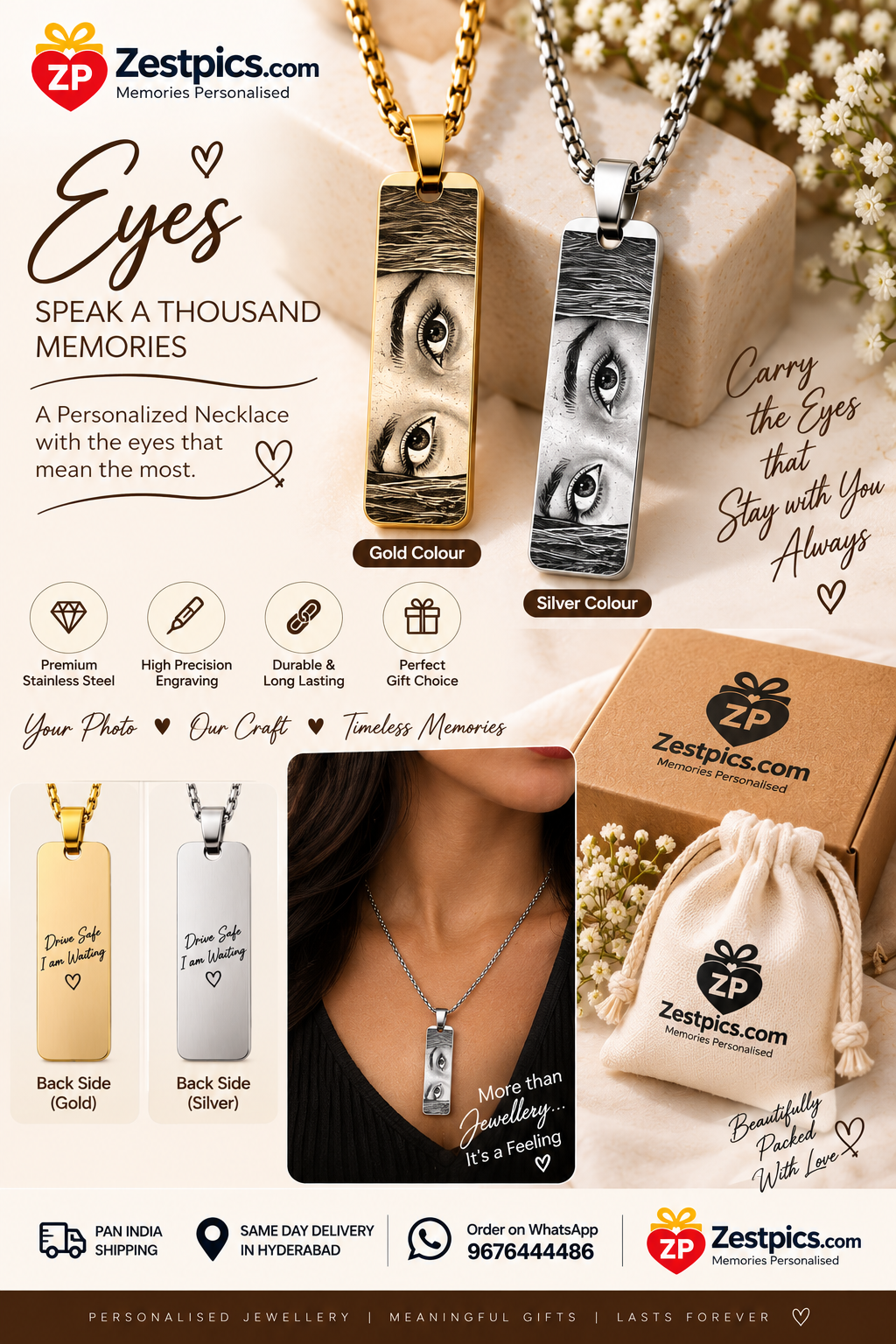Zestpics personalized eye pendant poster showing gold and silver custom eye photo necklaces, premium packaging, and gifting features