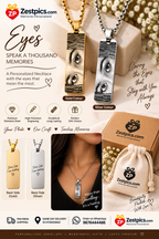 Zestpics personalized eye pendant poster showing gold and silver custom eye photo necklaces, premium packaging, and gifting features