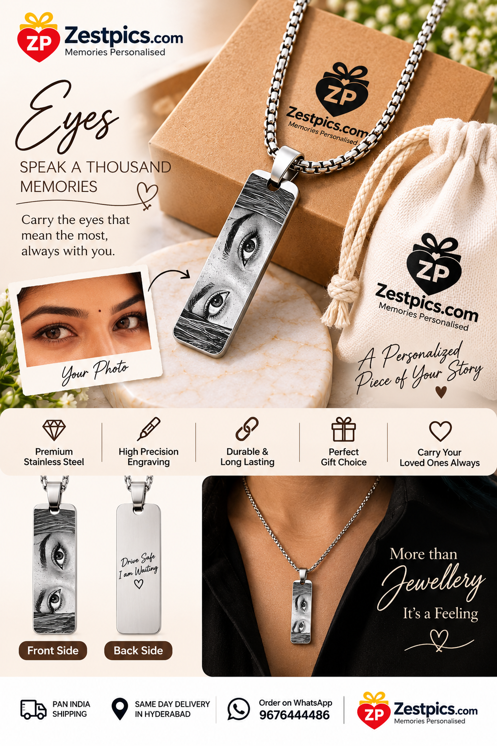 Zestpics personalized eye pendant marketing poster featuring custom engraved eye photo necklace, gift packaging, and personalized jewellery details