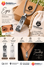 Zestpics personalized eye pendant marketing poster featuring custom engraved eye photo necklace, gift packaging, and personalized jewellery details