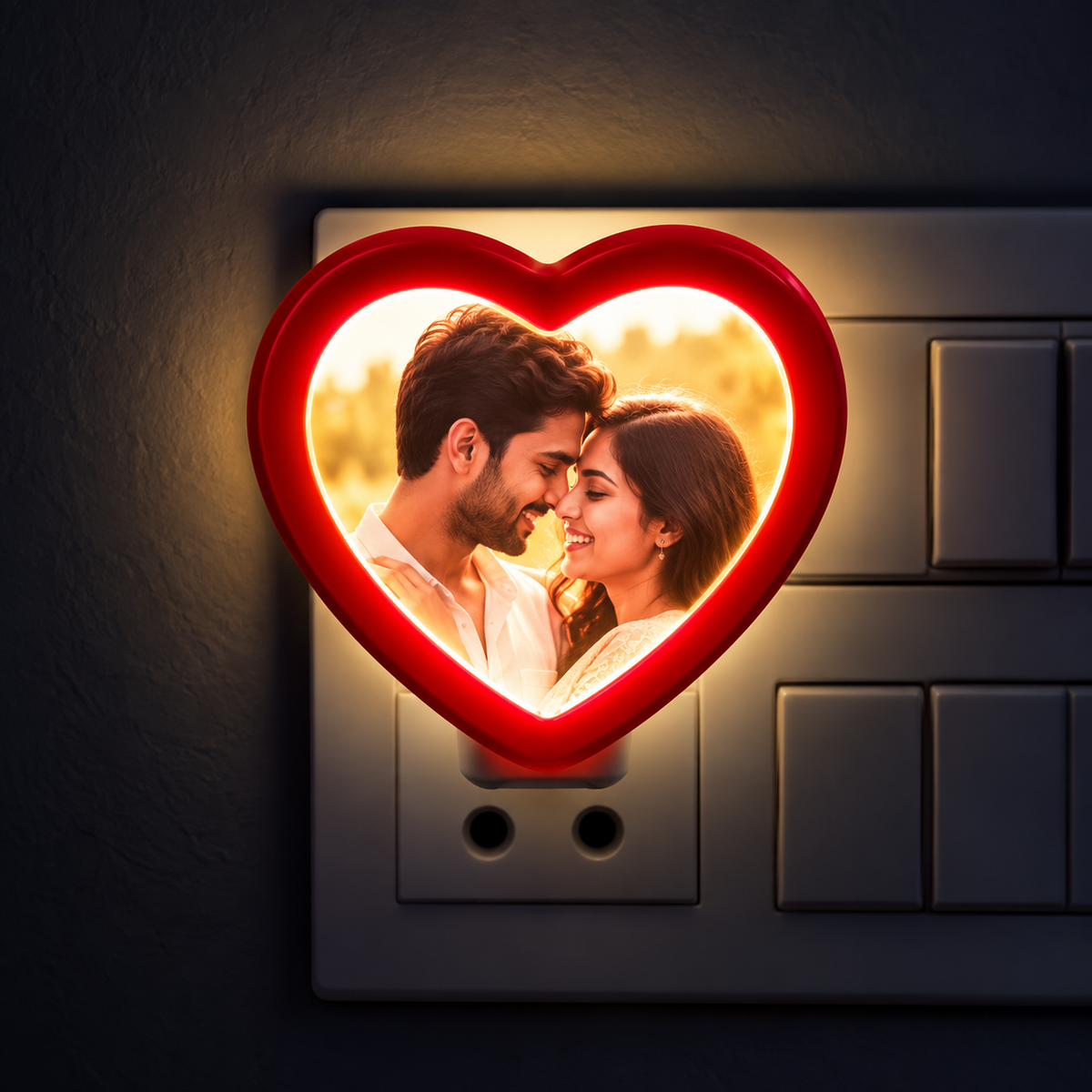 Personalized red heart shape night lamp plugged into wall socket
