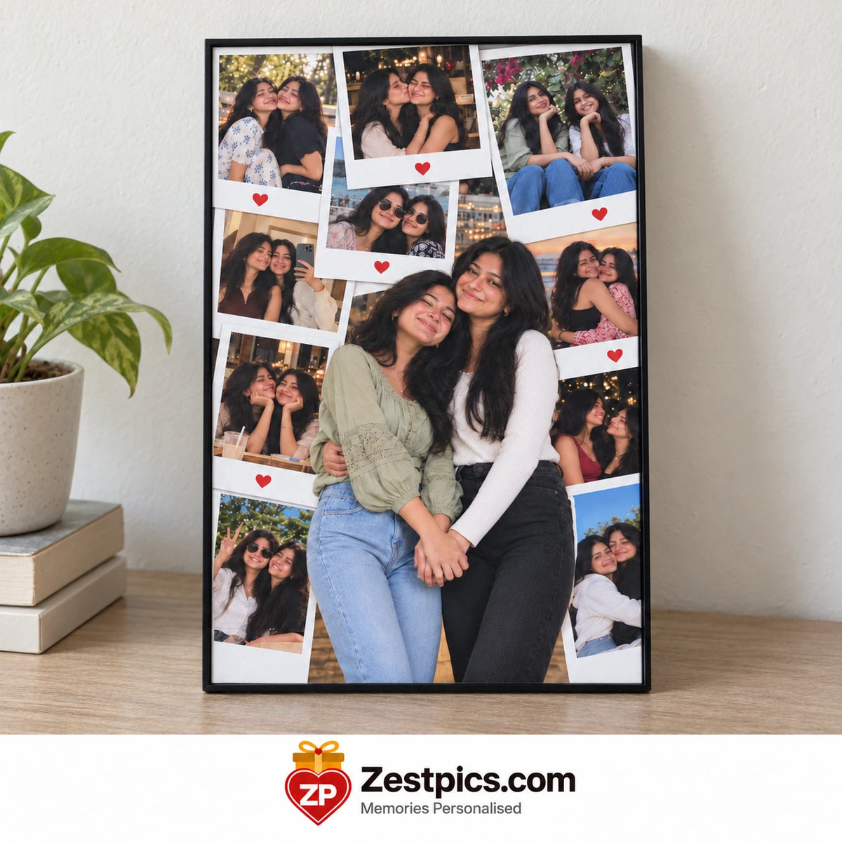 Personalised photo collage frame with a slim black border and central portrait, shown in soft daylight