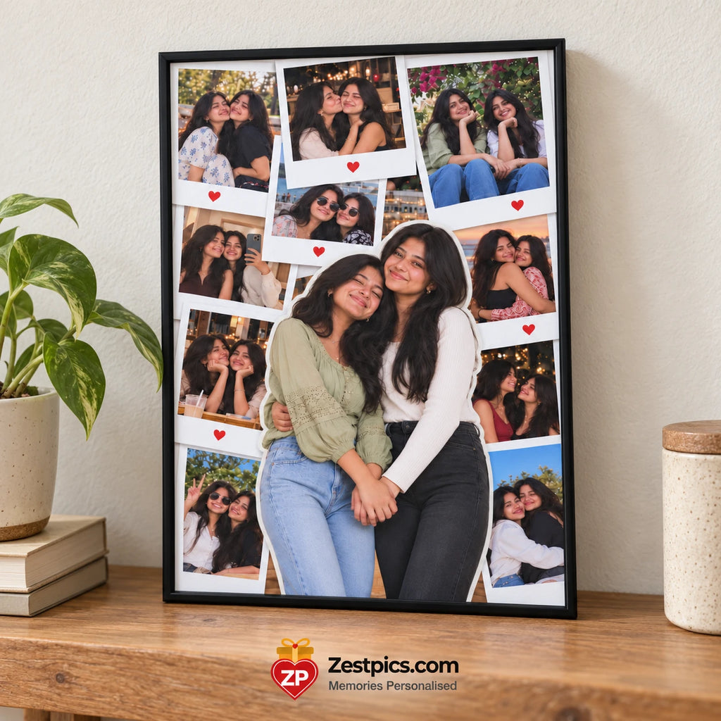 Black photo collage frame leaning on a wooden shelf with Zestpics branding