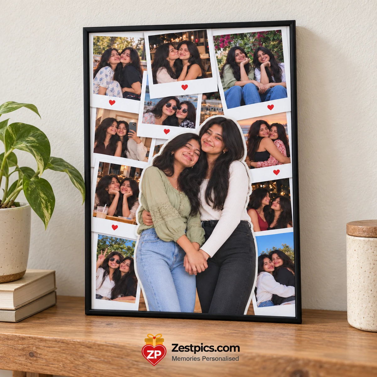Black photo collage frame leaning on a wooden shelf with Zestpics branding