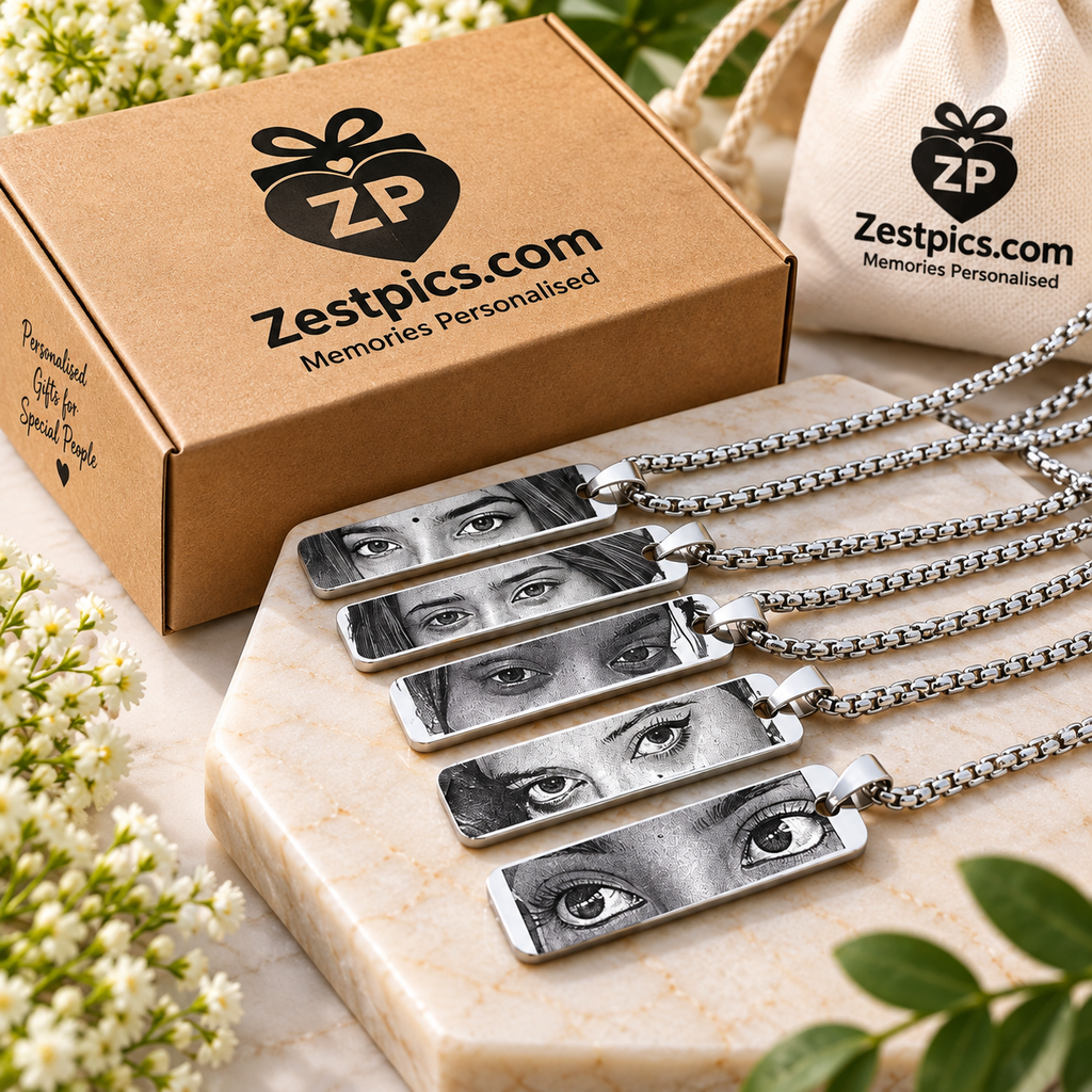Personalized Eye Pendant collection with multiple engraved photo pendants, Zestpics packaging and cotton drawstring bag