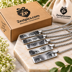 Personalized Eye Pendant collection with multiple engraved photo pendants, Zestpics packaging and cotton drawstring bag