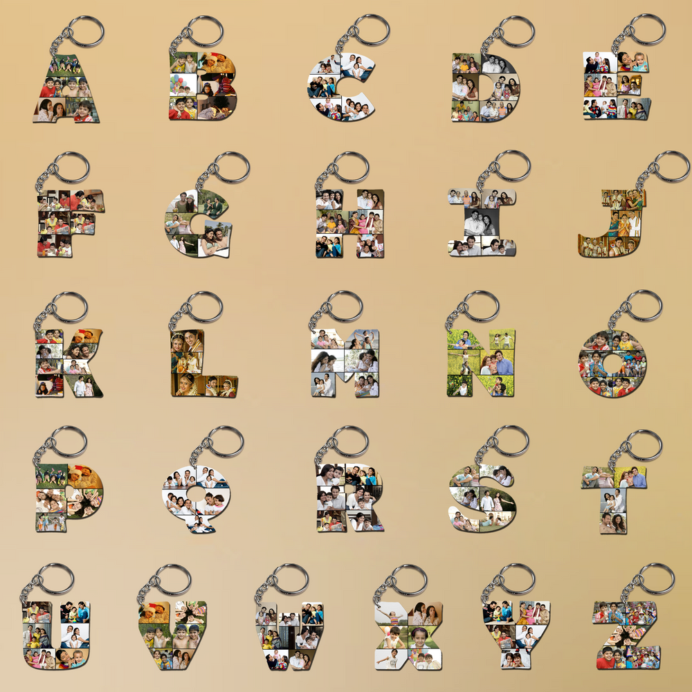 Buy or Send  Alphabet Keyring, personalized with any letter with images Online to India. Create a custom letter art keychain. Custom Alphabet Keychains, Personalized Alphabet Keyrings with personalized images. 