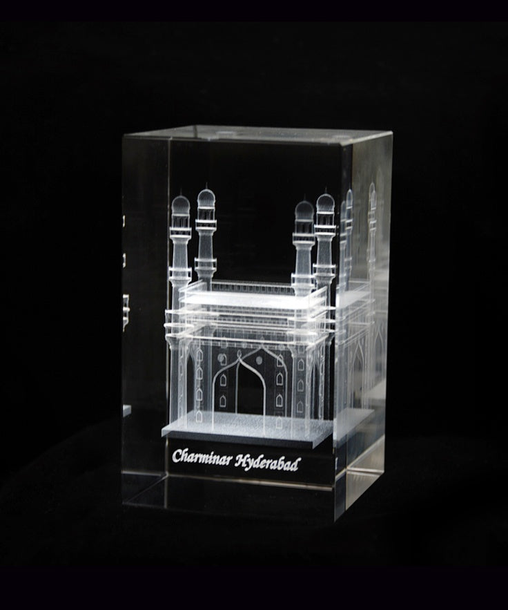 3D Laser Engraved Charminar Monument of Hyderabad made in Crystals to Show the Beauty of Indian Ancient Structures get your Designs Customized and Engraved in Crystals. Buy Charminar in 3D Crsytals with your name or company logo/ name engraved in it. Best crystal return gifts for Foreign Visitors who visits your company in India.