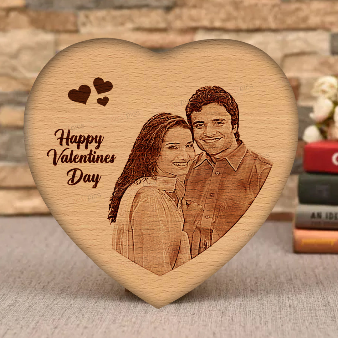 Valentine's Day Gifts, Personalized Engraved Photo on wood in Heart Shape - Zestpics, India