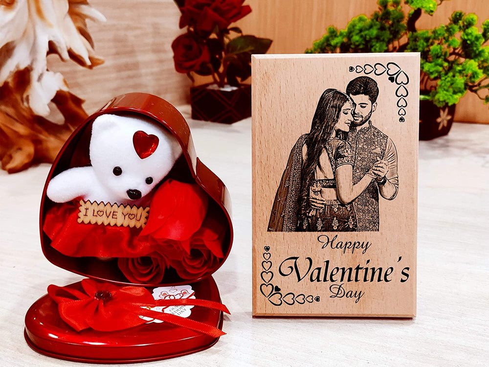 Valentine’s Day Gift Box Combo of Personalized Wood Frame and Teddy Box with Rose Flowers and Teddy